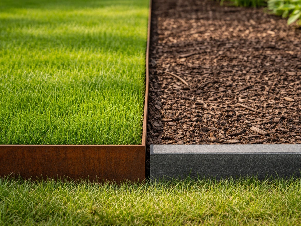 Close-up van een strakke tuinrand waar gras overgaat in border, met cortenstalen rand en opsluitbandje.