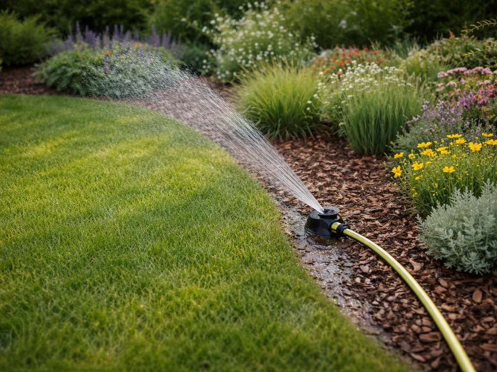 Sproeier/tzinslang die grasrand langs de border water geeft in een gemengde tuin