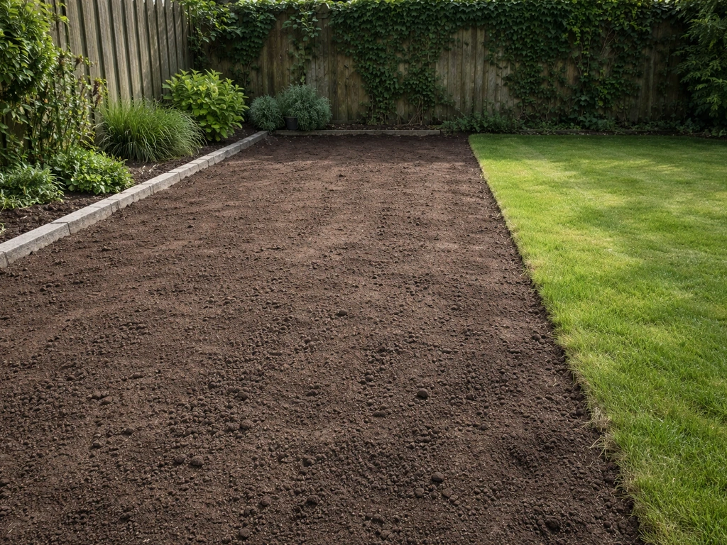Tuin met kaalgemaakte grond waar gras is weghalen, met duidelijke rand naar het resterende gras