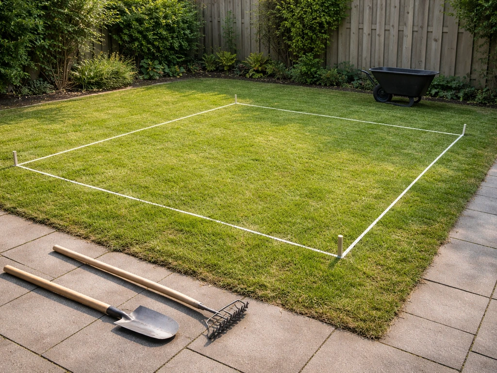 Afgebakend stuk gras in de tuin met tuinkrijt en gereedschap klaar om zoden te verwijderen