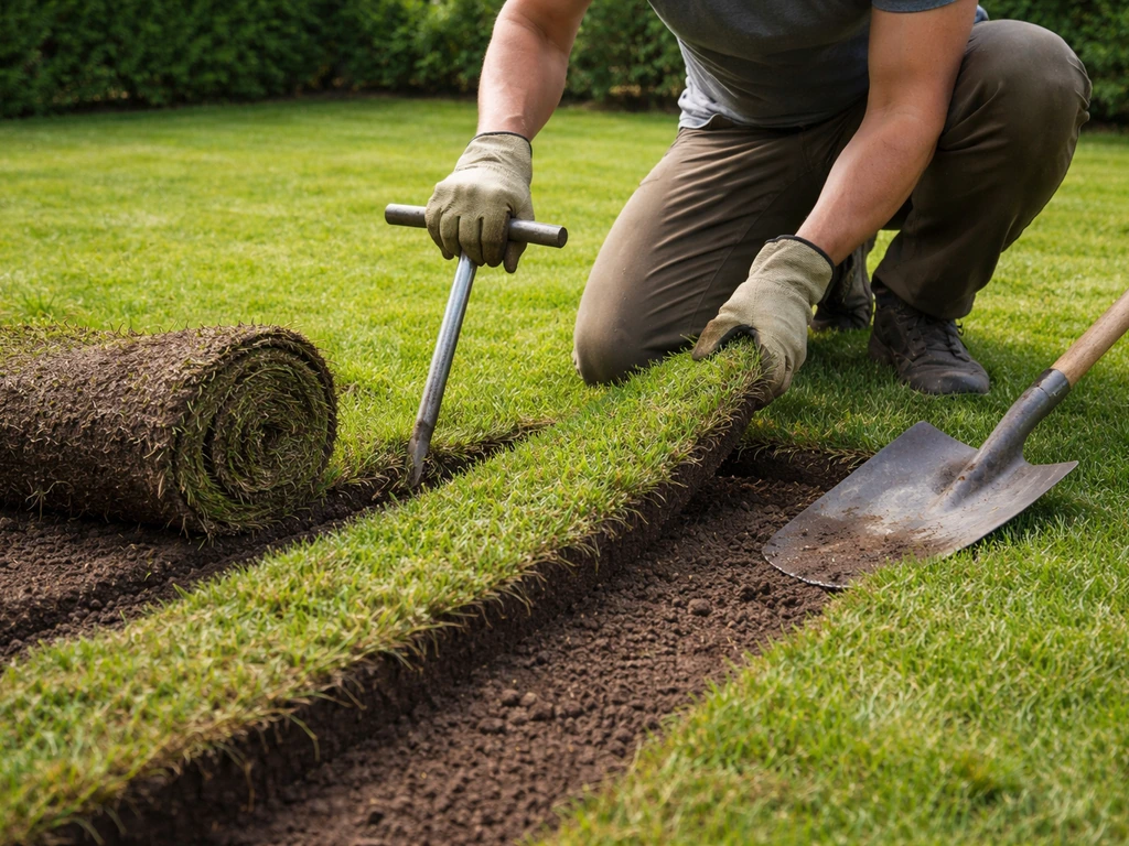 Tuinier die met schop en graszodensteker handmatig een grasmat lossteekt, zoden zichtbaar afsteken.