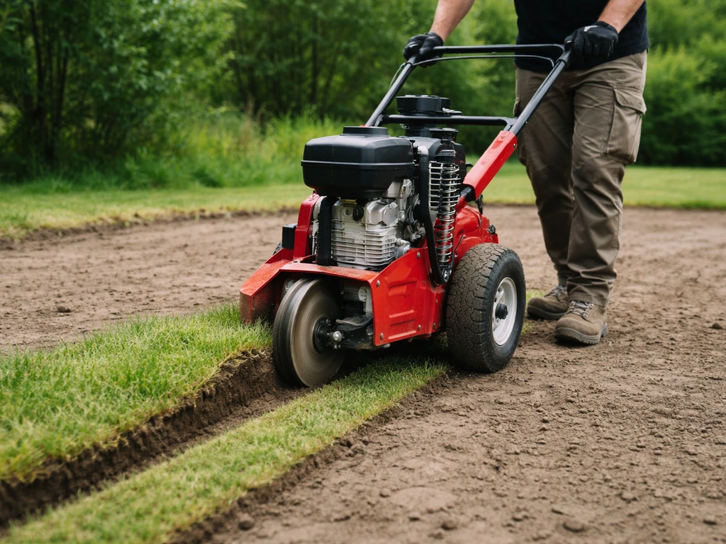 Monteur bedient een zodensnijder die gras snijdt met een zichtbare snijschijf en instelbare snijdiepte.