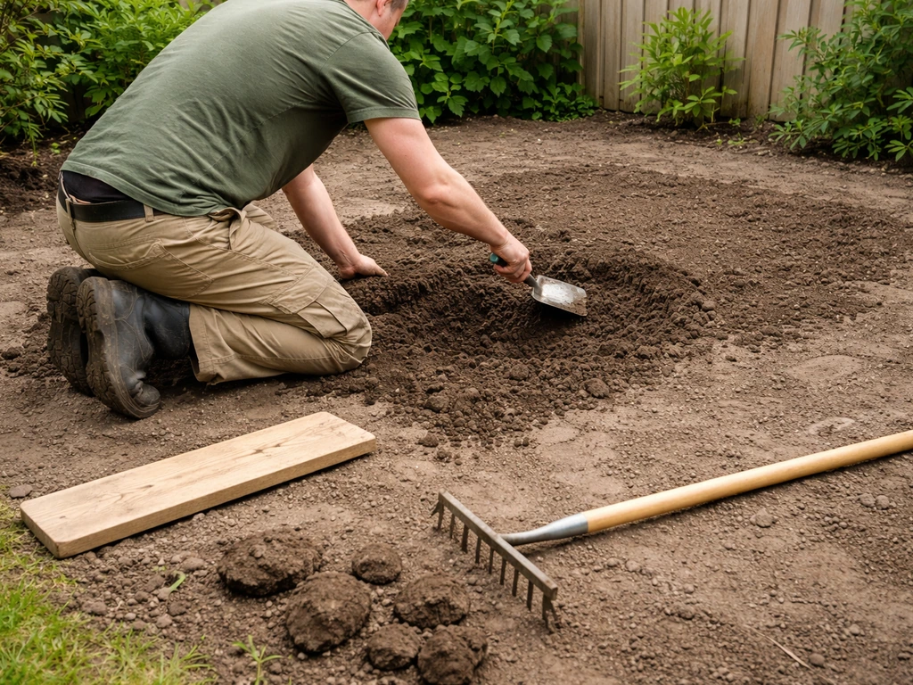 Tuinier knielt op kale grond, schep en hark klaar, diepte opvullen voor vlakke ondergrond na verwijderen van gras