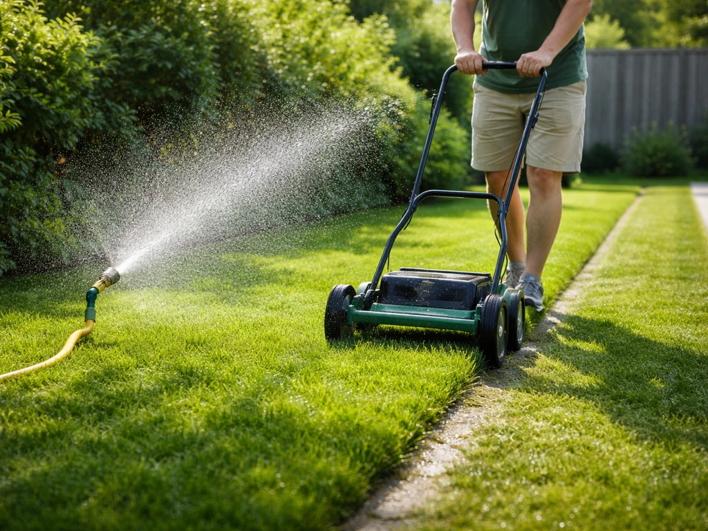 Man maait een gazon met een grasmaaier, daarna water geven met een slang op een verzorgd grasveld