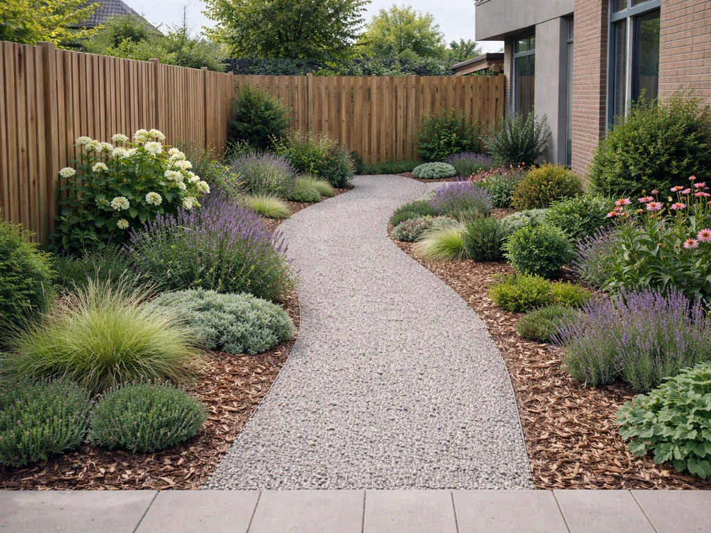 Moderne tuin zonder gras met grindpad, bodembedekkers en bloeiende planten, zonder gazon