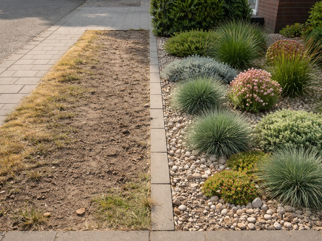 Kleine voortuin met droogtebestendige beplanting en een kale, schrale rand zonder gras