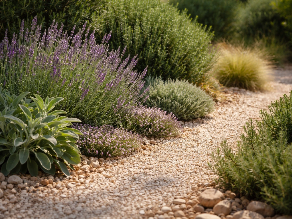 Grindpad in volle zon met lavendel en rozemarijn in mediterrane beplanting, droog en zonnig.