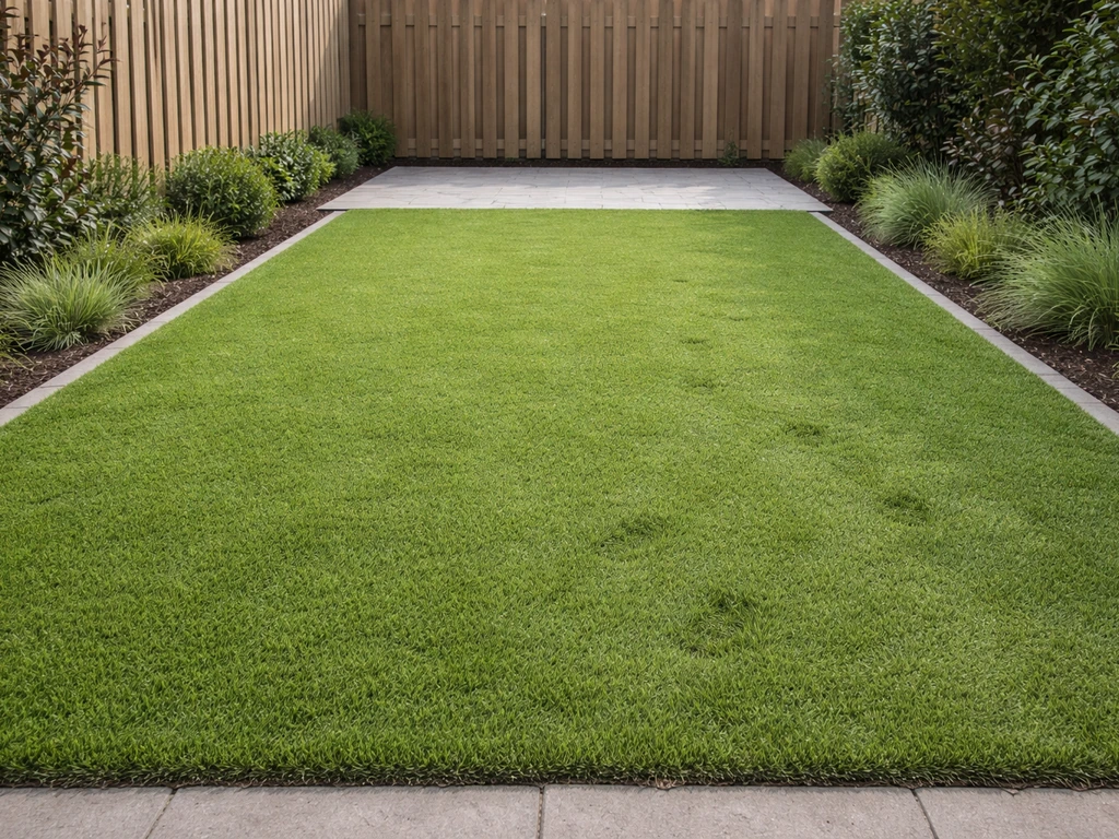 Kindvriendelijke kunstgras tuin met lage randbeplanting, klaar voor spelen en schoonhouden
