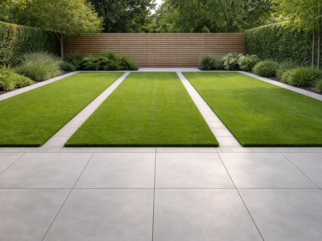 Moderne Nederlandse tuin met strakke rechthoekige grasvlakken en een keramische terrasrand