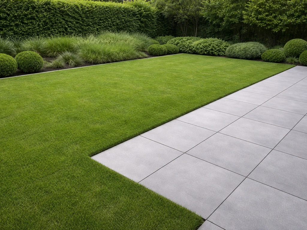 Strakke moderne tuin met rechthoekig gazon en grijze betontegels naast elkaar