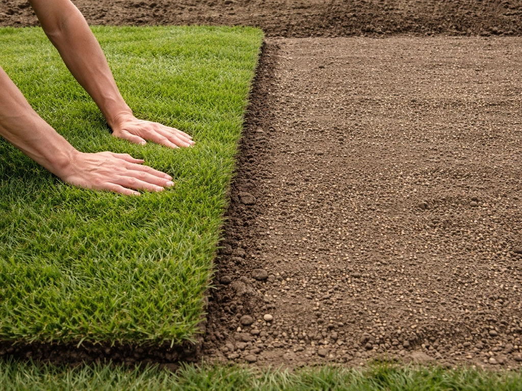 Naast elkaar: uitgerolde graszoden en een ingezaaid stuk grond, klaar voor een strak gazon.