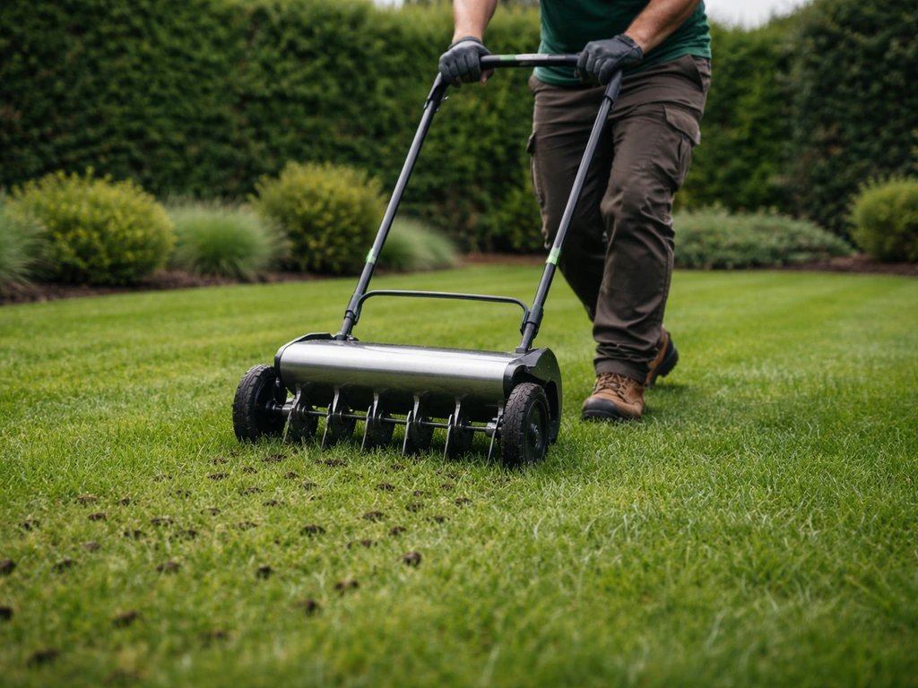 Tuinier die met een beluchter over een gazon gaat, met zichtbare rijen grond onder lichte regenachtige sfeer.