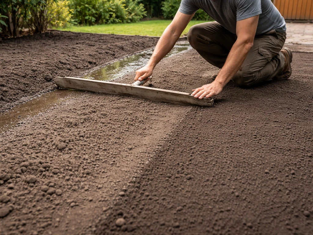 Kniezende tuinier egaliseert vlakke grond voor gras; water loopt weg richting afschot, geen plassen.