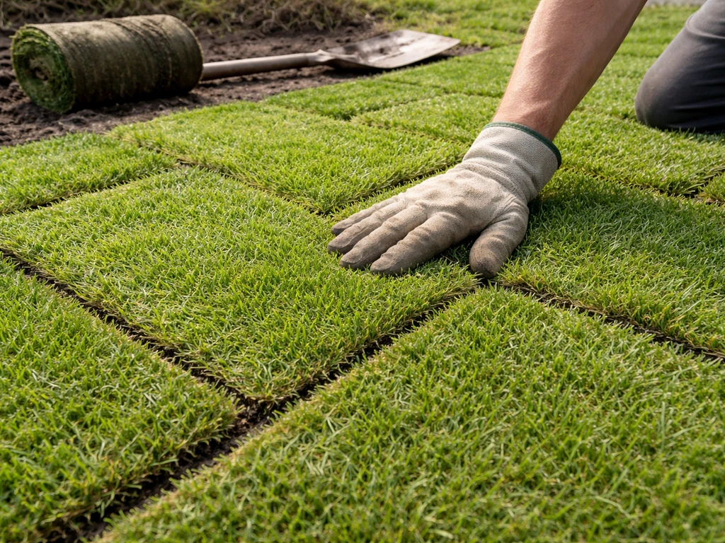 Graszoden worden in een verspringend patroon strak tegen elkaar gelegd op een voorbewerkt gazonvlak.