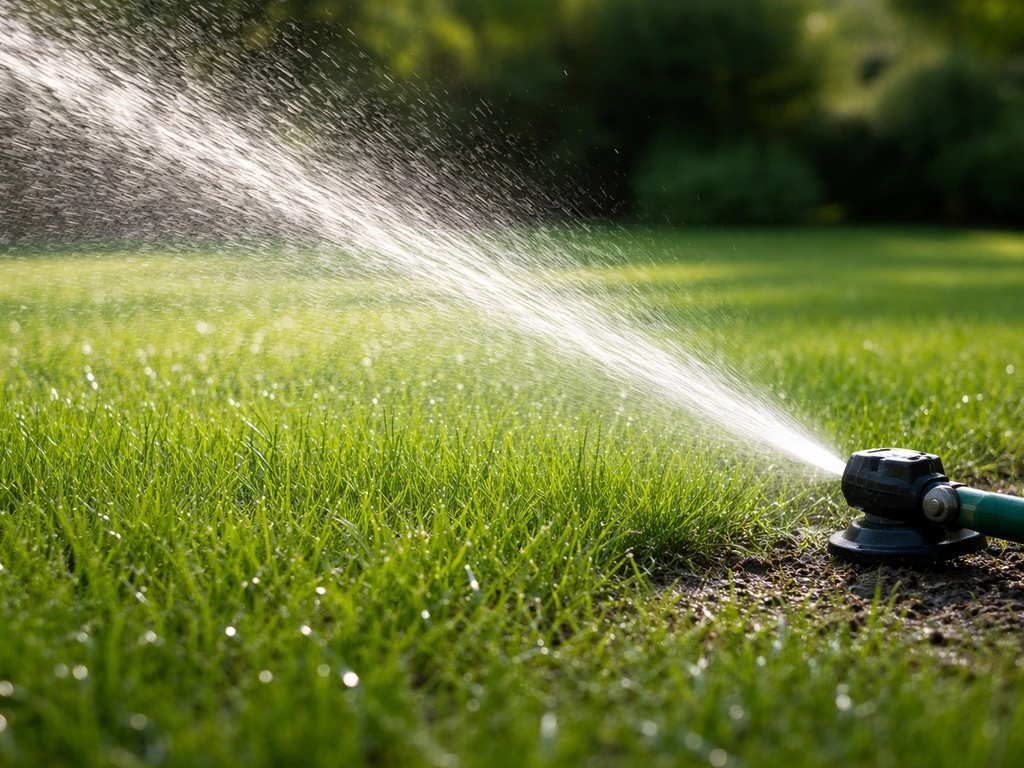 Een gazon met een beregeningskop die water in een sluitende straal uitspuit, terwijl de grond vochtig wordt.