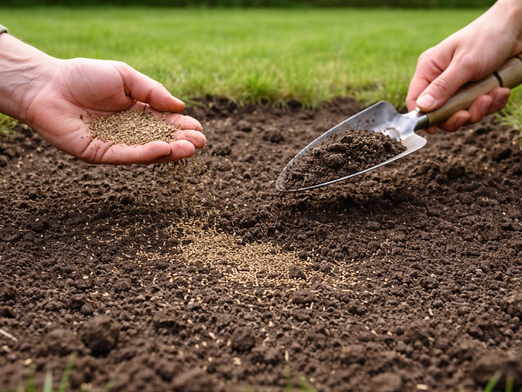 Kale plek in het gazon: graszaad wordt uitgestrooid en dun afgedekt met zand/potgrond op losgeharkte aarde.