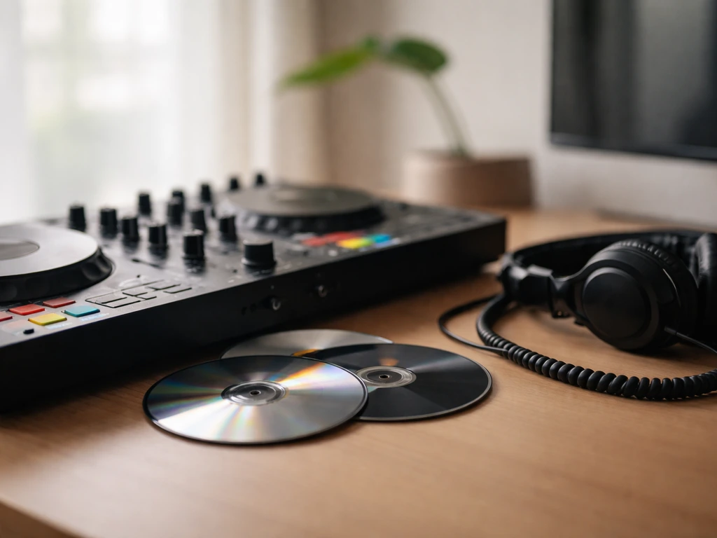 Zwarte DJ-controller op bureau met koptelefoon en twee lege schijfjes als ‘origineel vs remix’-hint.