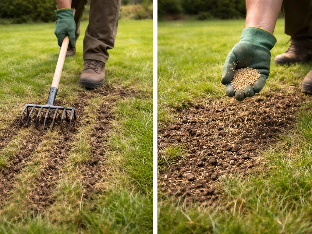 Tuinier verticuteert kale plekken in het gazon en zaait nieuwe stroken in met de hand.