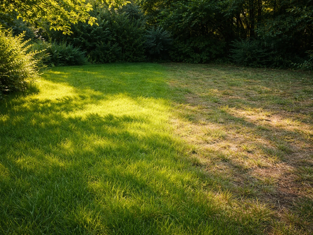 Zonnige grasmat groeit dicht, terwijl schaduwrijke plek dun en minder groen is.