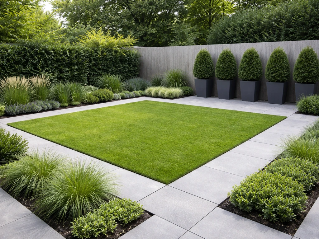 Kleine tuin met een strak vierkant grasvlak in het midden en smalle borders met hoge potten langs de rand.