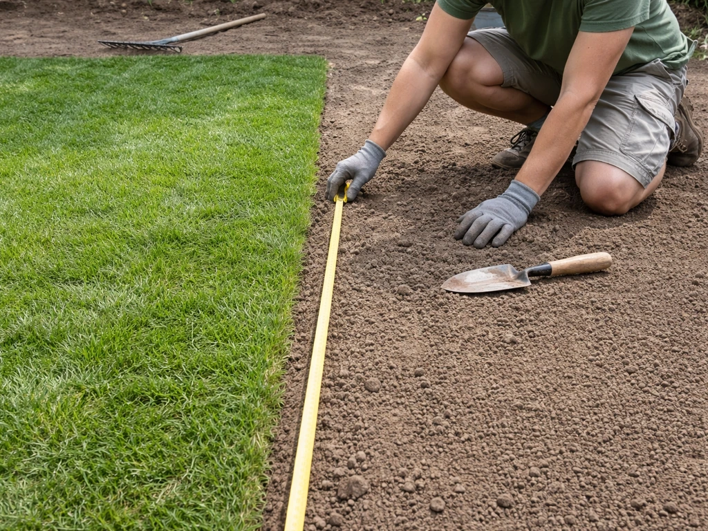 Werk in de tuin: links verse graszoden gelegd, rechts fijn uitgewerkte grond klaar om in te zaaien.
