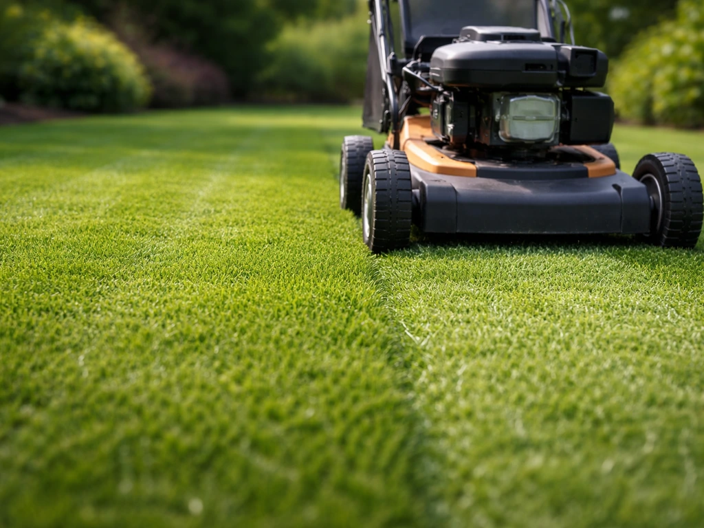 Grasmaaier maait een dicht, groen gazon gelijkmatig op ongeveer 4 cm.