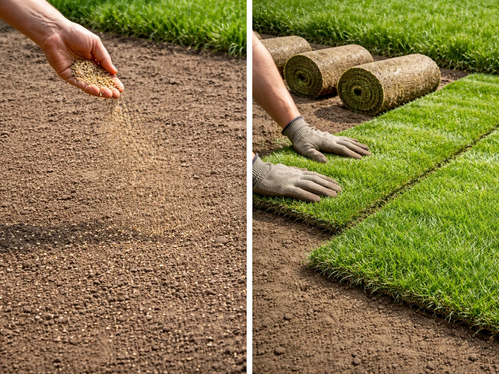 Links graszaad op voorbereide grond, rechts vers uitgerolde graszoden die worden aangedrukt in de tuin.