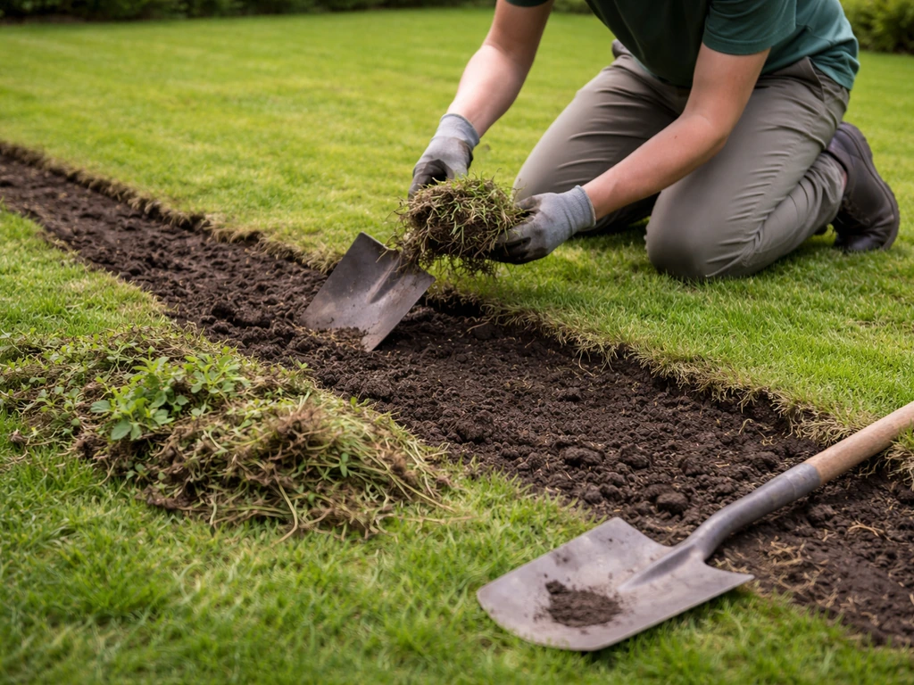 Tuinwerker verwijdert onkruid en oud gras met spade, losse grond en opgeschoonde strook in het gazon.