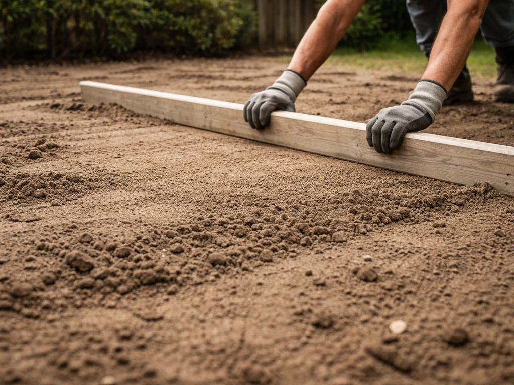 Egaliserende lange lat op pas voorbereide gazonbodem met kleine kuilen en bijgewerkte toplaag.