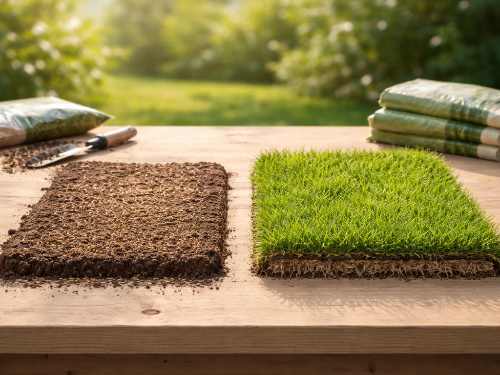 Links gezaaide grond, rechts net gelegde graszoden op een houten bank, licht tuin-achtergrond.