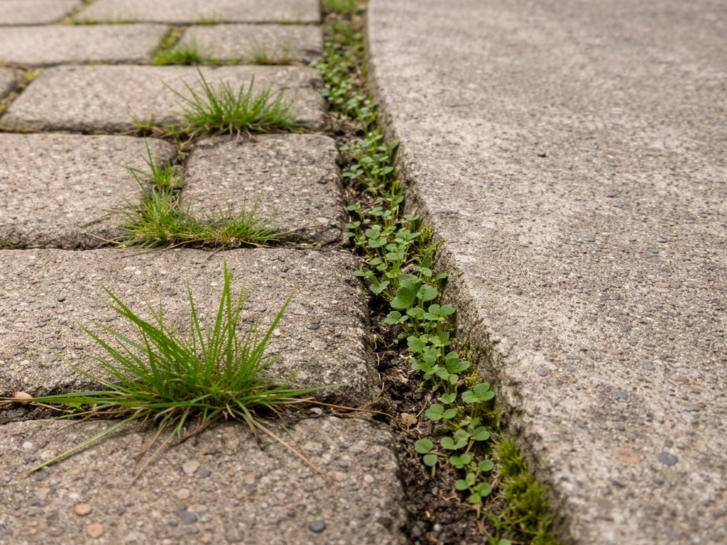 Nahaufnahme van voegen waar gras en wortels tussen klinkers en bij een tegelrand groeien