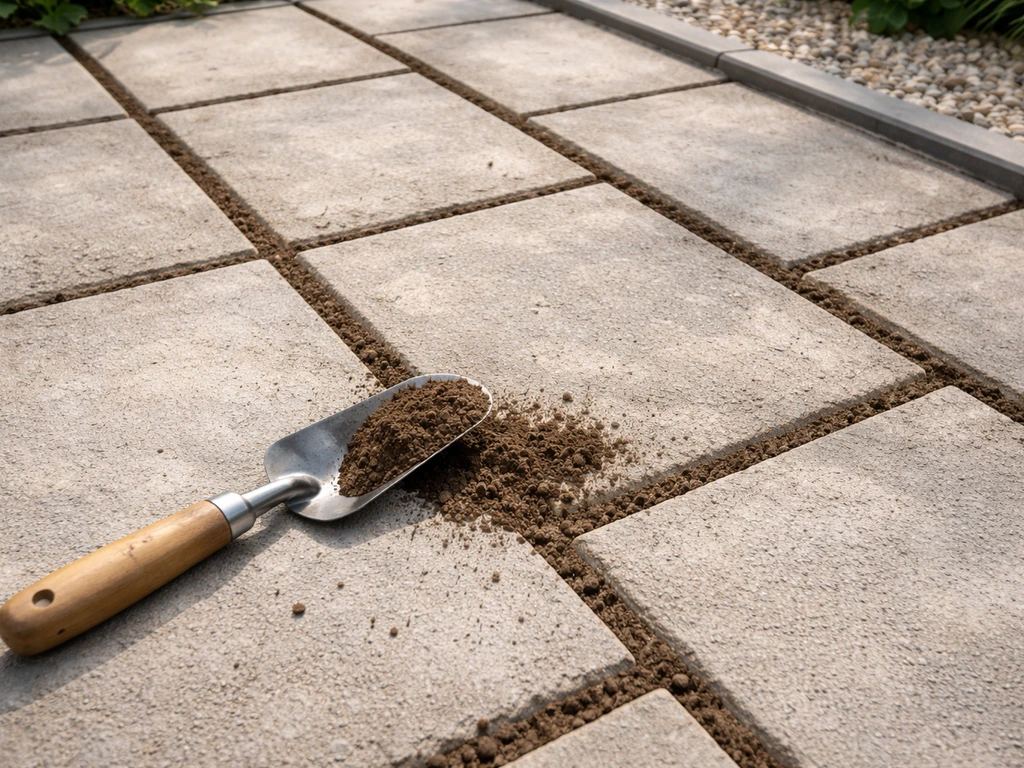 Werkbare bestrating met open voegen, met zichtbare bodemlaag tussen tegels in een rustige tuinsetting.