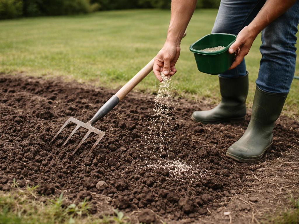 Tuinman maakt de bodem los met cultivator en strooit startmest voor nieuw graszaad