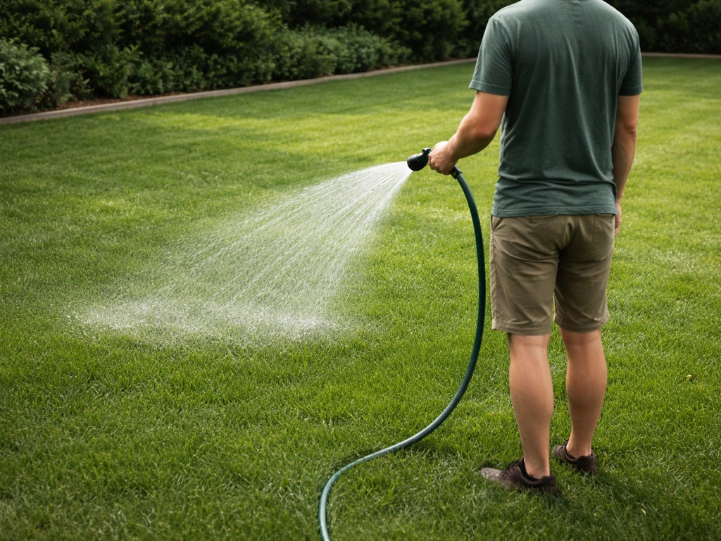 Fijne waterstraal uit sproeier op een gazon, gras oogt fris en licht donker door diep water geven.