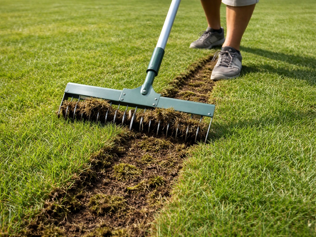 Close-up van een verticuteerhark die vilt en mos uit een gazon verwijdert, met groen gras eromheen.