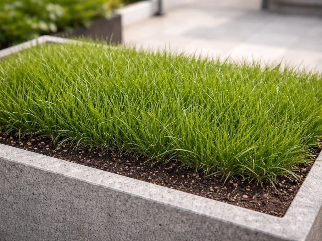 Terrasplantenbak met mooi, dicht groen gras en zichtbare rand, met lichte vochtige grond en goede drainage-look