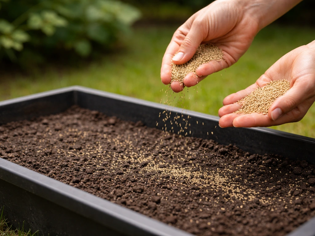 Anonieme handen die gazongraszaad gelijkmatig uitstrooien in een plantenbak met vochtige potgrond.