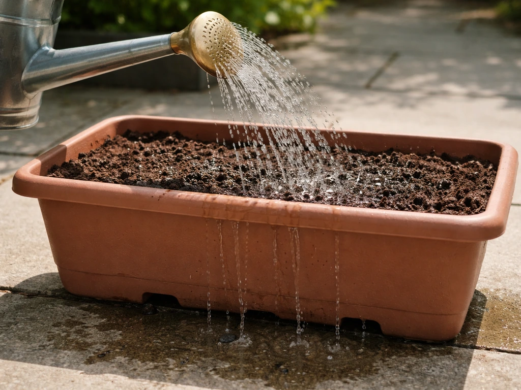 Iemand giet water uit een gieter met broes in een plantenbak; water sijpelt door de grond via drainagegaten.