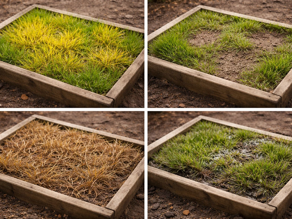 Vier close-ups in vier vakken met grasproblemen: geel, kale plekken, uitgedroogd en rotting/schimmel.