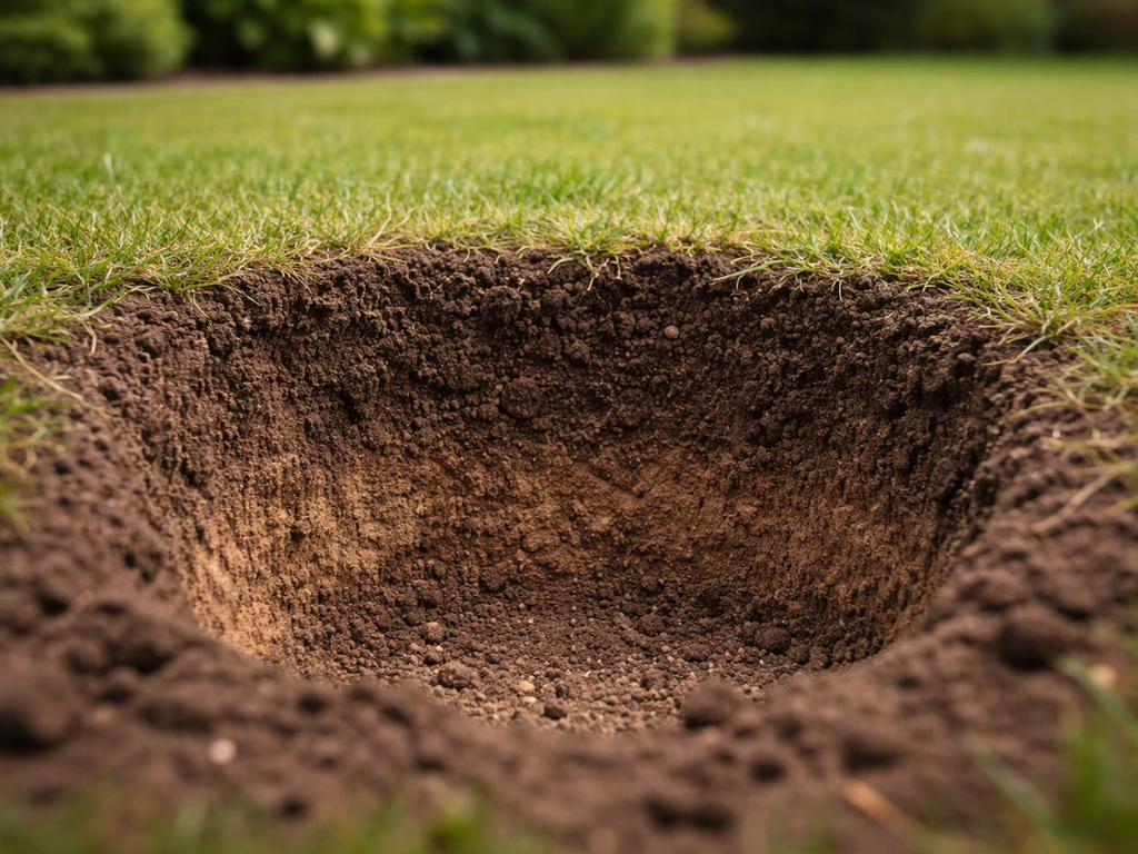 Kuiltje van 20 cm in de voortuin met zichtbaar profiel van donkerbruine kruimelige grond