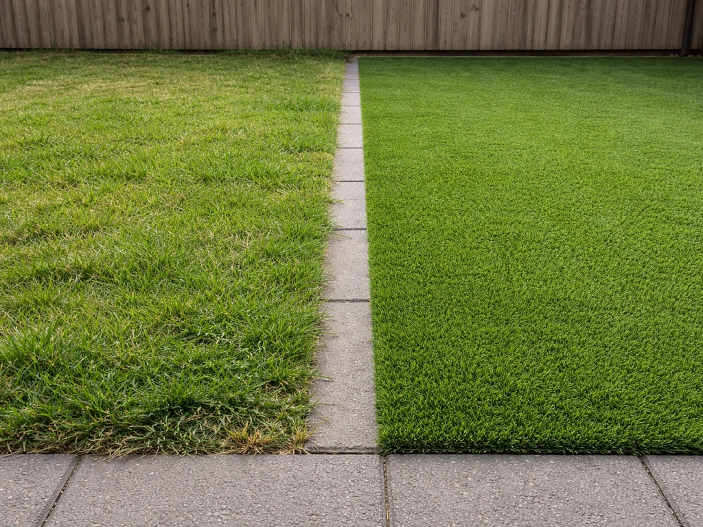 Voortuin met twee stroken naast elkaar: echt gras links en kunstgras rechts, voor een duidelijke vergelijking.