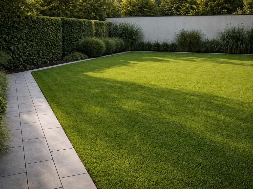 Egaal groen gazon met rechte, nette randen in een strakke tuin, gezien vanaf ooghoogte.