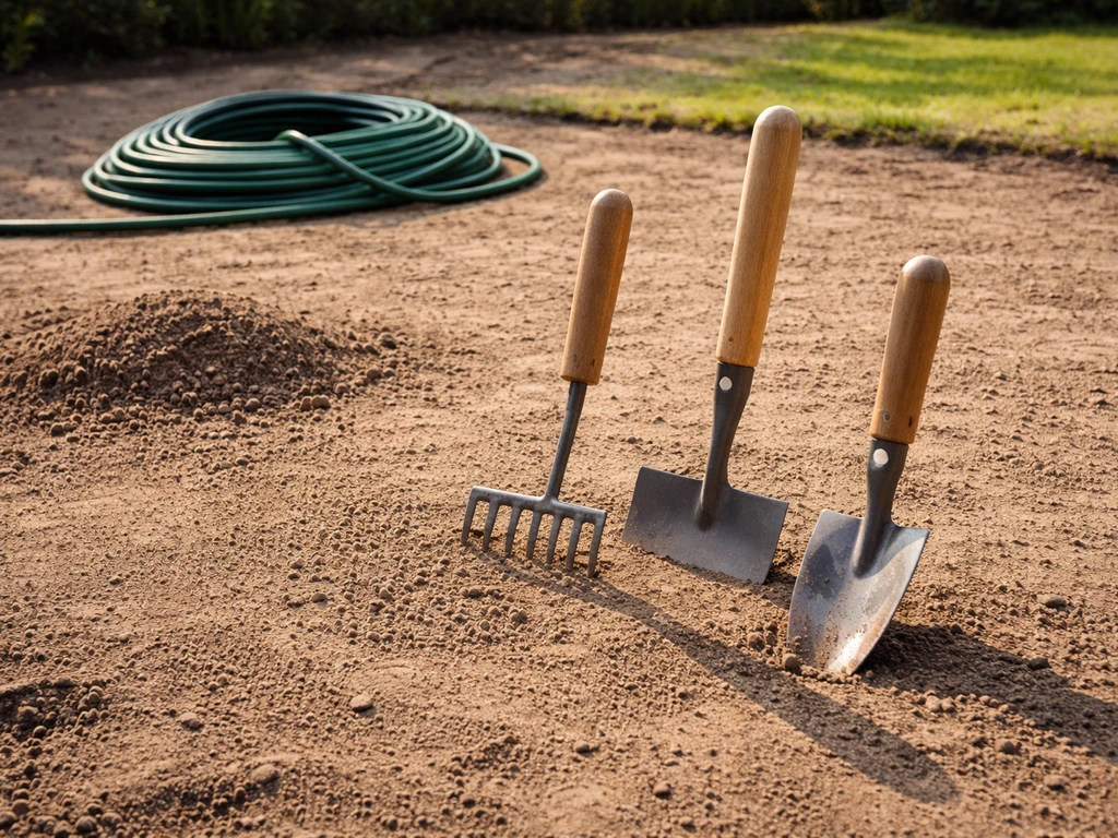 Gereedschap en tuinaarde op een vlak stuk grond, klaar om de ondergrond voor een gazon te egaliseren.