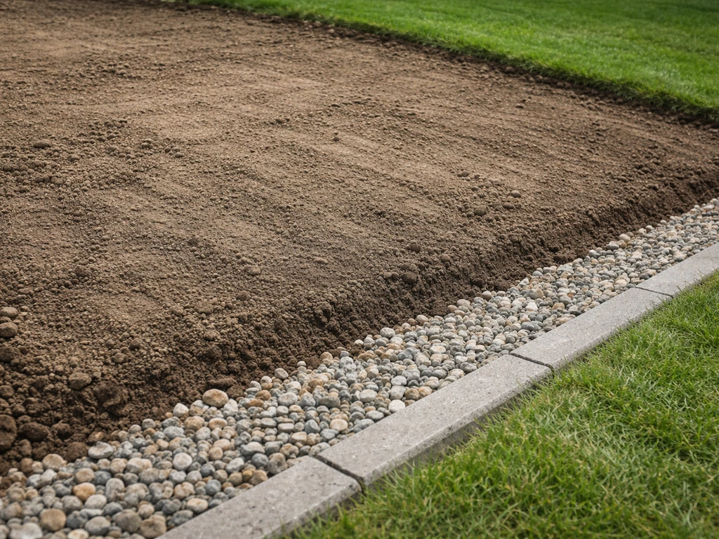 Tuinzone met lichte helling en grindrand voor drainage, op ooghoogte gefotografeerd bij daglicht