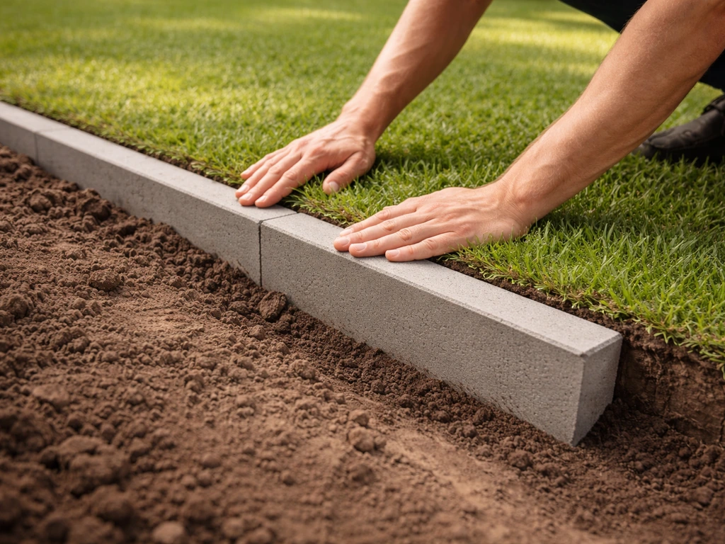 Tuinman maakt een strakke overgang van gazon naar gazonband met een betonnen boordje langs de rand.