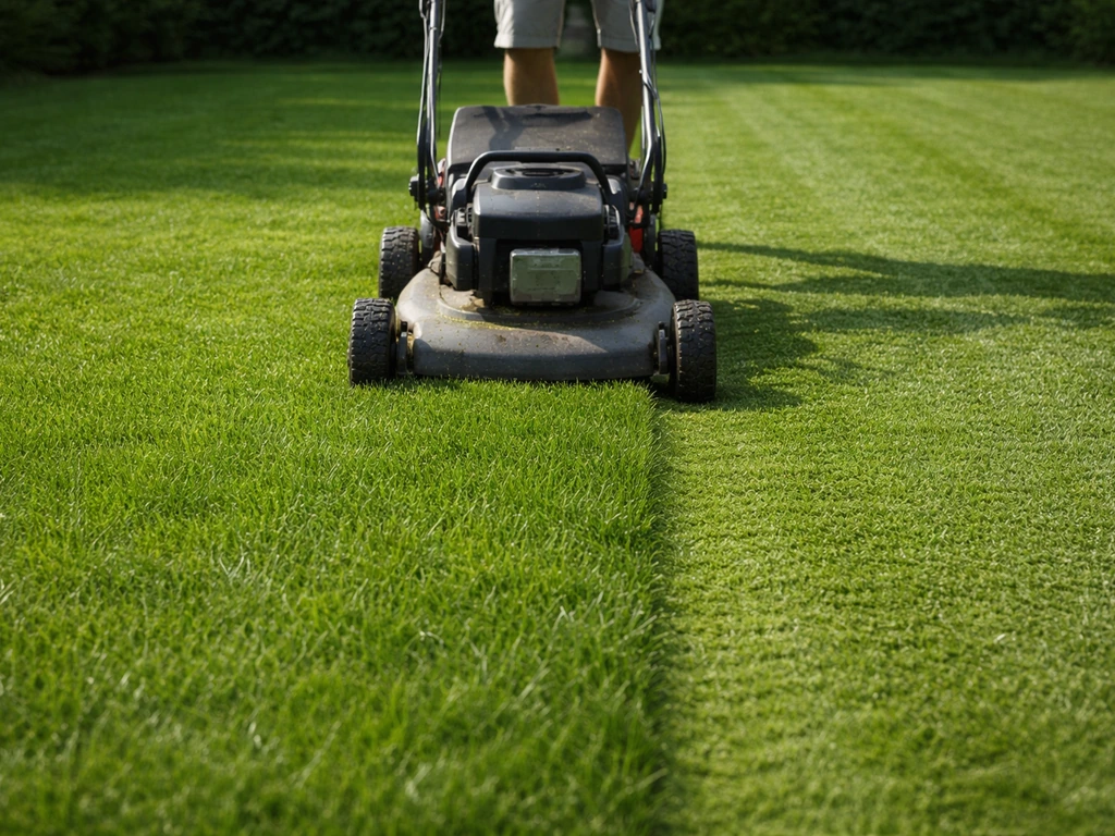 Iemand maait een strak gazon met een grasmaaier voor een gelijkmatig resultaat.