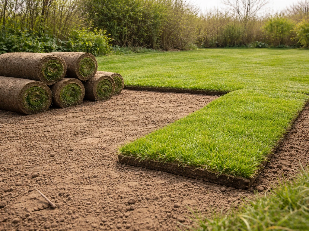 Harde, opgerolde graszoden naast een pas voorbereide tuinbedbodem, met zacht groen en licht droge ondergrond