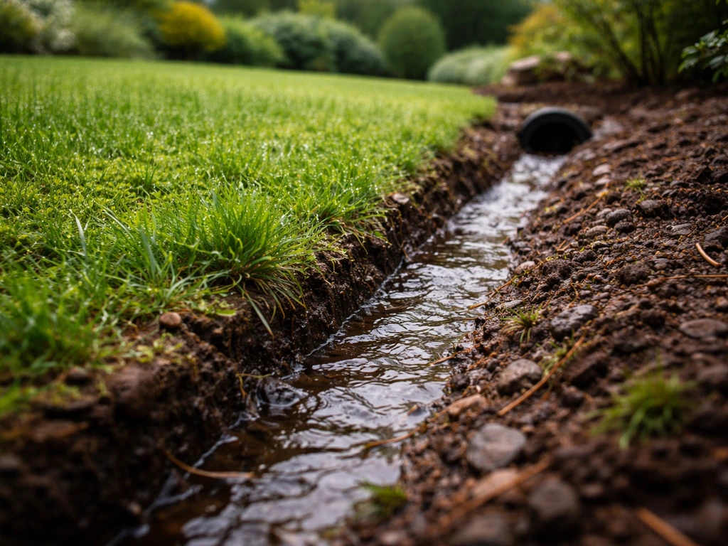 Licht aflopende tuinhelling met greppel waar zichtbaar water langzaam wegloopt.