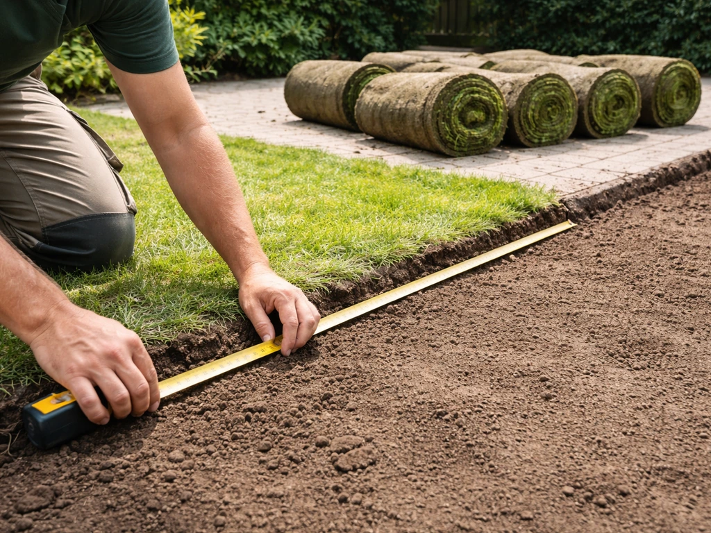 Iemand meet een tuinoppervlak met een meetlint en daar liggen versgerolde graszoden op lichte ondergrond klaar.