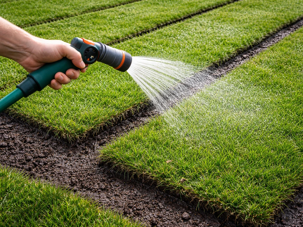 Tuinwerker geeft met tuinslang of beregeningskop gericht water op vers gelegde graszoden, eerste dagen.